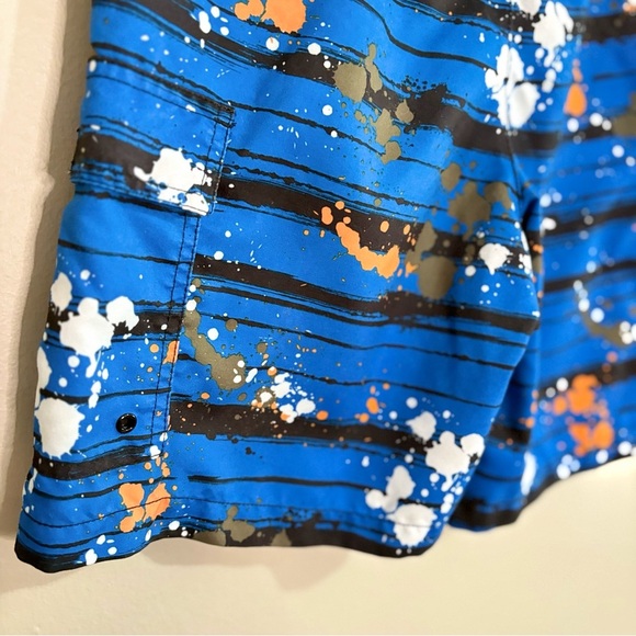 Blue & Orange Paint Splatter Striped Kids Swim Trunks w Mesh Lining - Picture 9 of 12